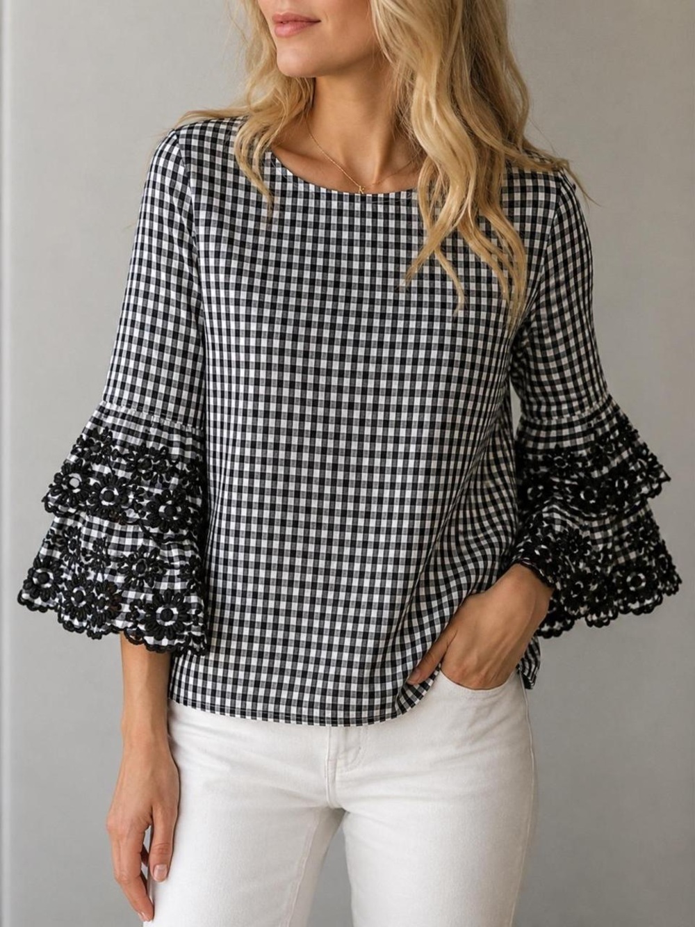 J. Crew Black & White Gingham Bell-Sleeve Lace Top